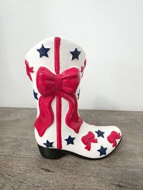 Patriotic 4th of July Stars Bow Boot Vase Planter 8in